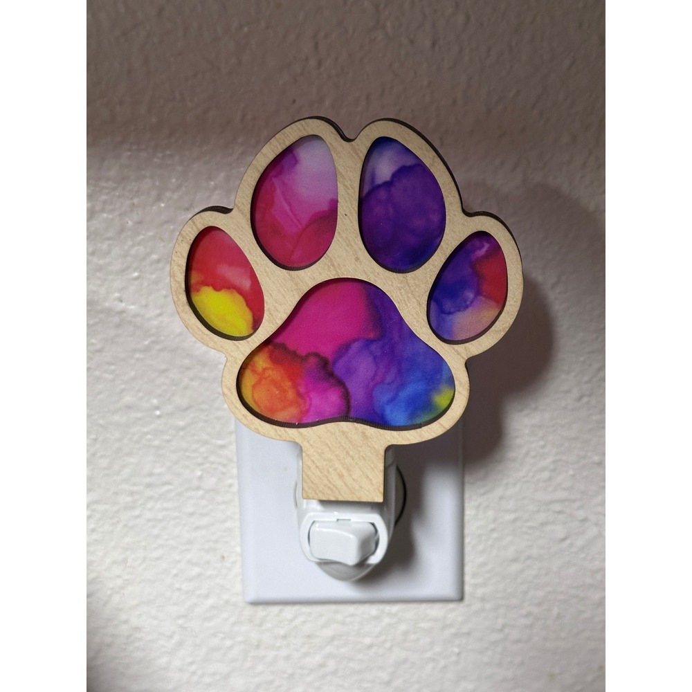 Wooden Paw Print Night Light Colorful Bright Plug In Wall Decor Handmade - Picture 10 of 10
